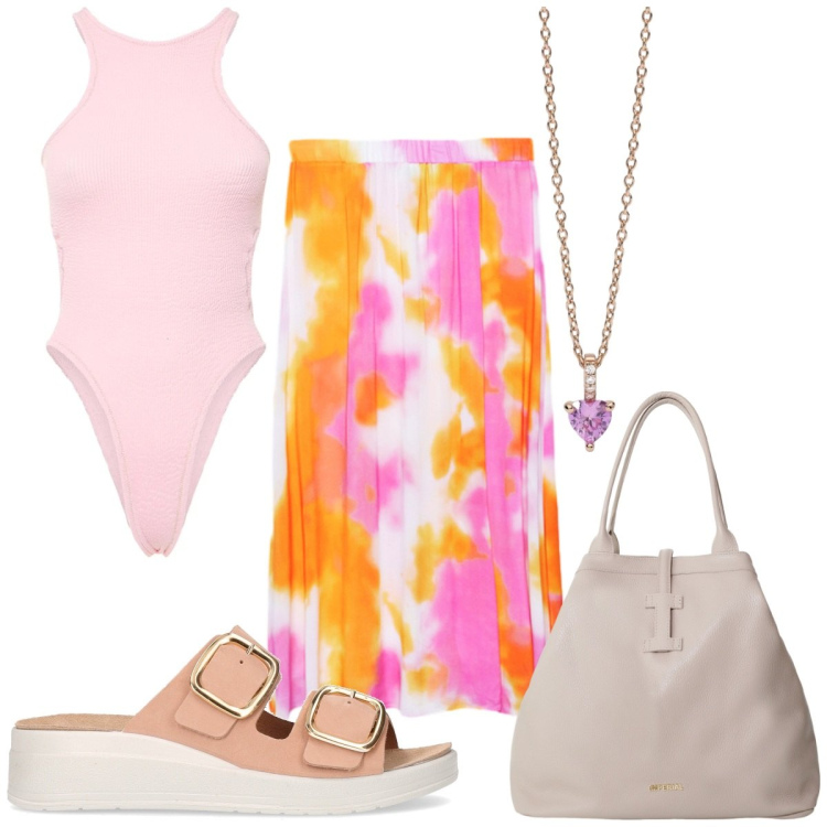 Outfit donna - Total look #2202300. Stile Trendy per Mare. Abbinamento con ciondoli, borse tote, gonne lunghe, ciabatte, costumi interi.