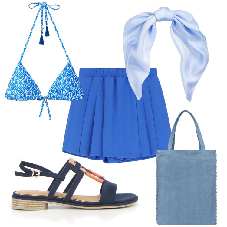 Outfit donna - Total look #2202303. Stile Trendy per Mare. Abbinamento con borse tote, bikini, gonne, foulard, sandali.