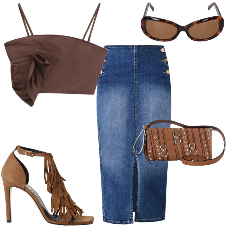 Outfit donna - Gonna in jeans. Stile Casual chic per Serata fuori. Abbinamento con top, décolleté, gonne longuette, borse a spalla, occhiali da sole.