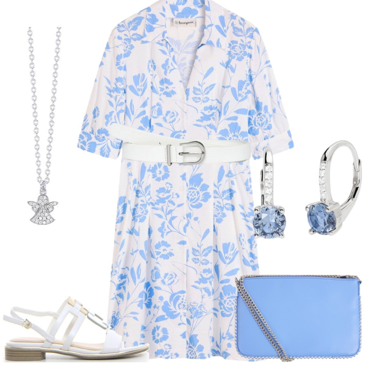 Outfit donna - Celeste. Stile Casual chic per Tutti i giorni. Abbinamento con vestiti, borse a tracolla, cinture, orecchini, collane, sandali.