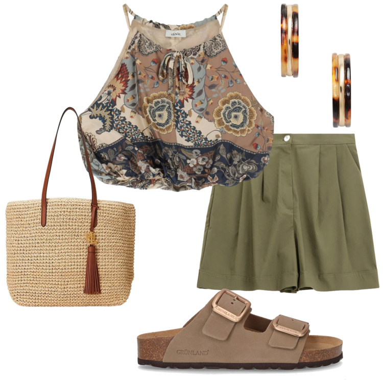 Outfit donna - In città. Stile Casual chic per Tutti i giorni. Abbinamento con shorts, top, orecchini, borse tote, ciabatte.
