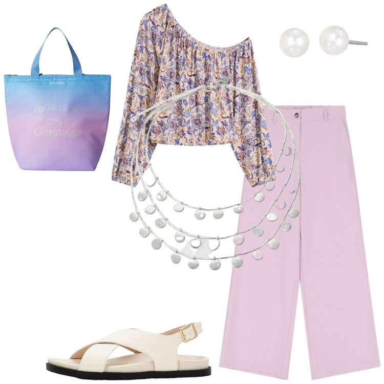 Outfit donna - Total look #2202313. Abbinamento con sandali, bluse, borse tote, orecchini, pantaloni a palazzo, ciondoli.