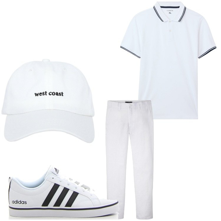 Outfit uomo - Bianco estate. Stile Casual per Tutti i giorni. Abbinamento con pantaloni, cappelli, polo, sneakers.