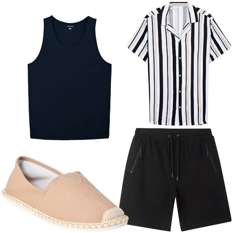 Outfit uomo - Righe colorate. Stile Casual per Tutti i giorni. Abbinamento con espadrillas, bermuda, camicie a manica corta, canottiere.