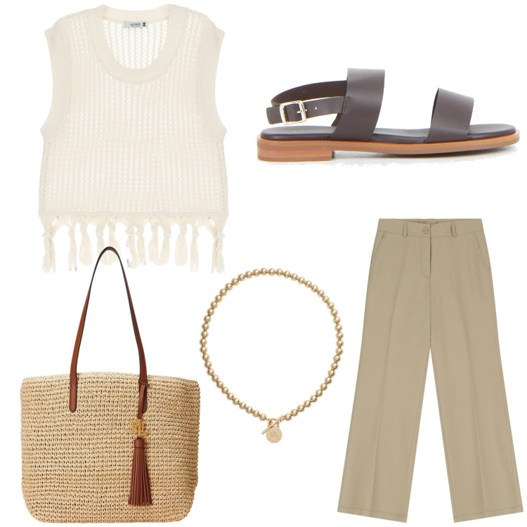 Outfit donna - Boho chic. Stile Boho per Tutti i giorni. Abbinamento con pantaloni, maglieria, collane, borse tote, sandali.