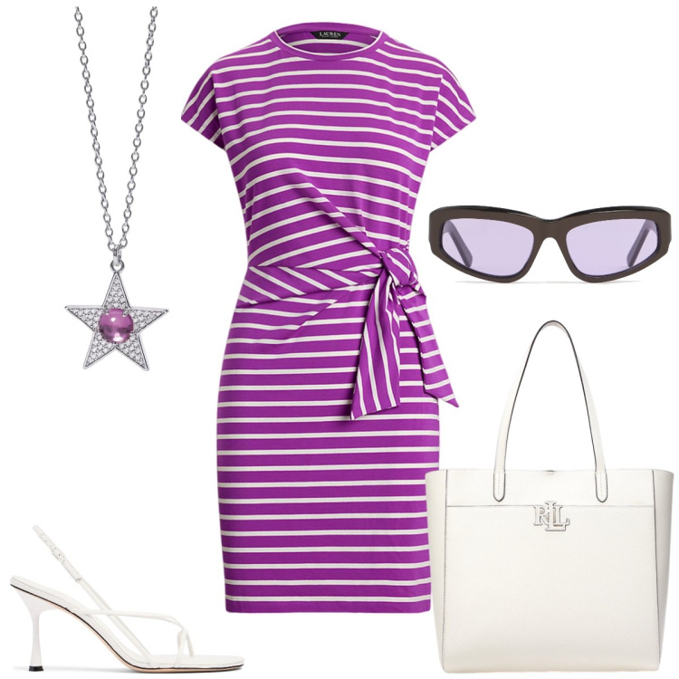 Outfit donna - Stelle e strisce. Stile Casual chic per Tutti i giorni. Abbinamento con ciondoli, borse tote, vestiti, sandali in pelle, occhiali da sole.