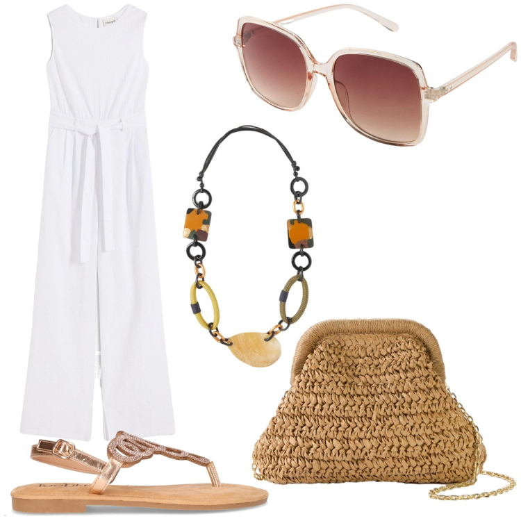 Outfit donna - Jumpsuit comfort. Stile Casual chic per Tutti i giorni. Abbinamento con tute, occhiali da sole, borse a tracolla, collane, sandali in pelle.