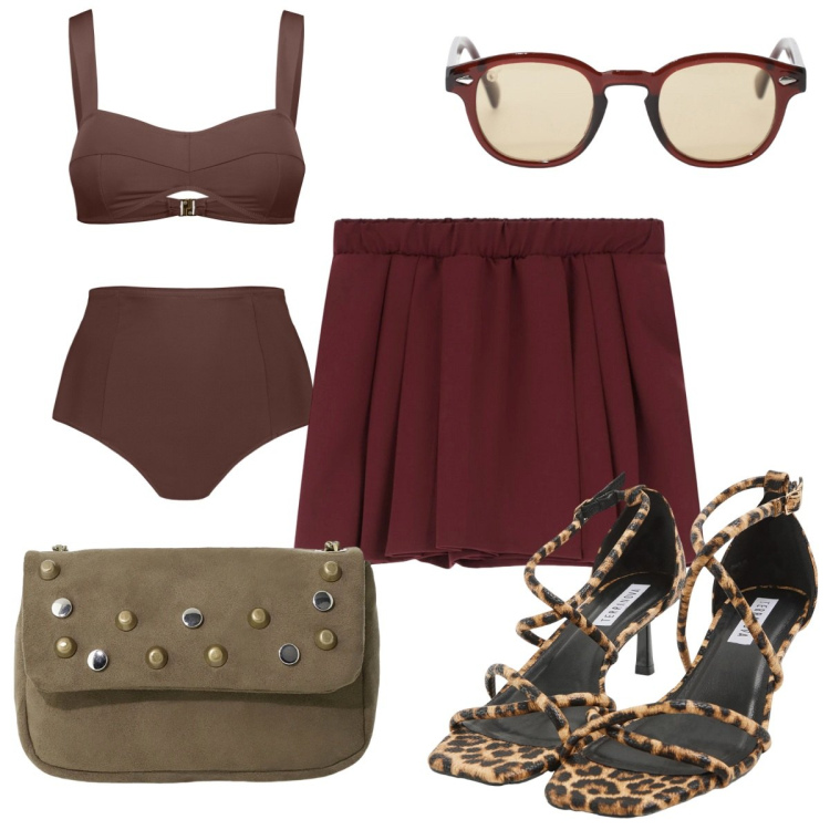 Outfit donna - Total look #2202328. Stile Trendy per Mare. Abbinamento con sandali col tacco, gonne, occhiali da sole, borse a tracolla, bikini.