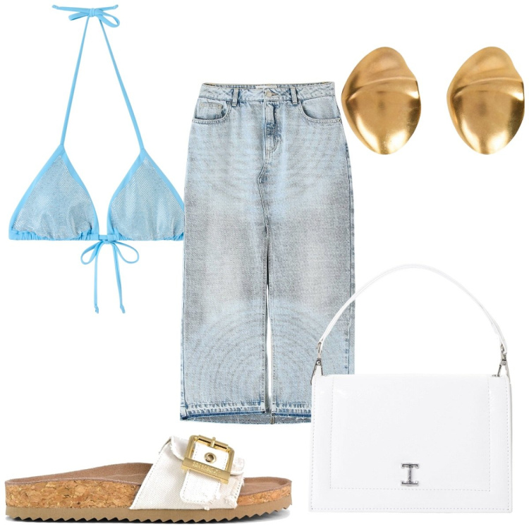 Outfit donna - Total look #2202330. Stile Sporty chic per Mare. Abbinamento con bikini, gonne lunghe, borse a tracolla, sandali, orecchini.