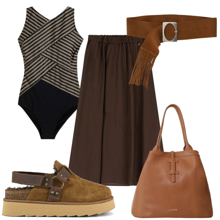 Outfit donna - Total look #2202332. Stile Trendy per Mare. Abbinamento con costumi interi, borse tote, gonne longuette, cinture, sabot.