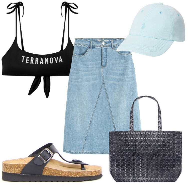 Outfit donna - Total look #2202333. Stile Basic per Mare. Abbinamento con gonne, bikini, cappelli, shopping bag, ciabatte.