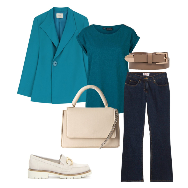 Outfit donna - Work at uni. Stile Casual chic per Ufficio. Abbinamento con jeans bootcut, t-shirt, borse a tracolla, blazer, mocassini, cinture.
