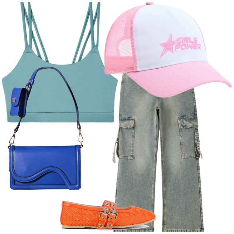 Outfit donna - Colors in the afternoon. Stile Trendy per Tutti i giorni. Abbinamento con cappelli, jeans, canottiere, pochette, ballerine.