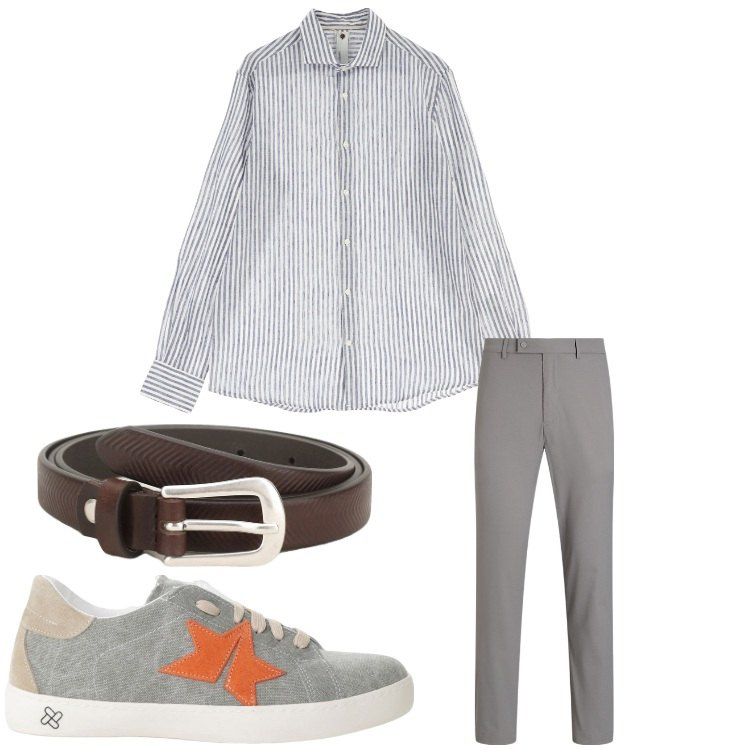 Outfit uomo - Luglio al lavoro. Stile Business/Elegante per Ufficio. Abbinamento con cinture, camicie, sneakers, pantaloni.
