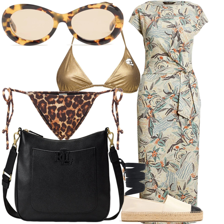 Outfit donna - Mare sino a sera. Stile Glamour per Mare. Abbinamento con borse a tracolla, vestiti da spiaggia, bikini, bikini, espadrillas, occhiali da sole.