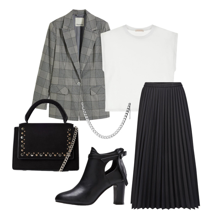 Outfit donna - Networking. Stile Glamour per Scuola/Università. Abbinamento con blazer, stivaletti, collane, borse a tracolla, t-shirt, gonne longuette.