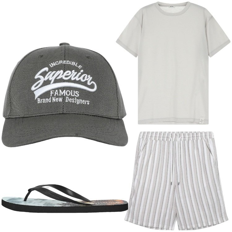 Outfit uomo - In spiaggia. Stile Casual per Mare. Abbinamento con cappelli con visiera, sandali, pantaloni corti, t-shirt.
