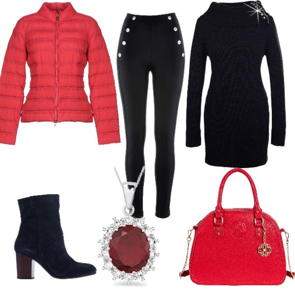 Outfit donna - Finendo le feste. Stile Trendy per Serata fuori. Abbinamento con leggings, maglieria, borsa a tracolla, stivaletti effetto scamosciato con tacco geometrico e punta tonda tinta unita, piumino collo alto a maniche lunghe con zip in tessuto tecnico tinta unita, collana argento.
