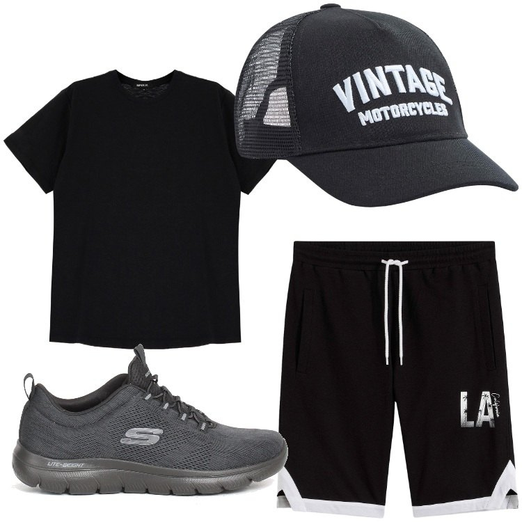 Outfit uomo - Comodamente. Stile Casual per Tutti i giorni. Abbinamento con bermuda, cappelli, t-shirt, sneakers.