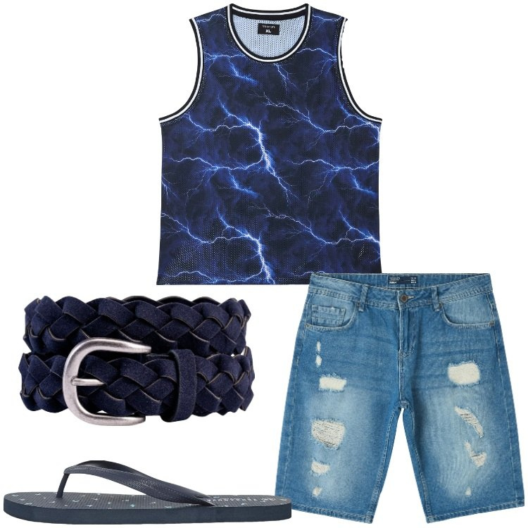 Outfit uomo - Week end. Stile Casual per Tutti i giorni. Abbinamento con canottiere, sandali, shorts, cinture.
