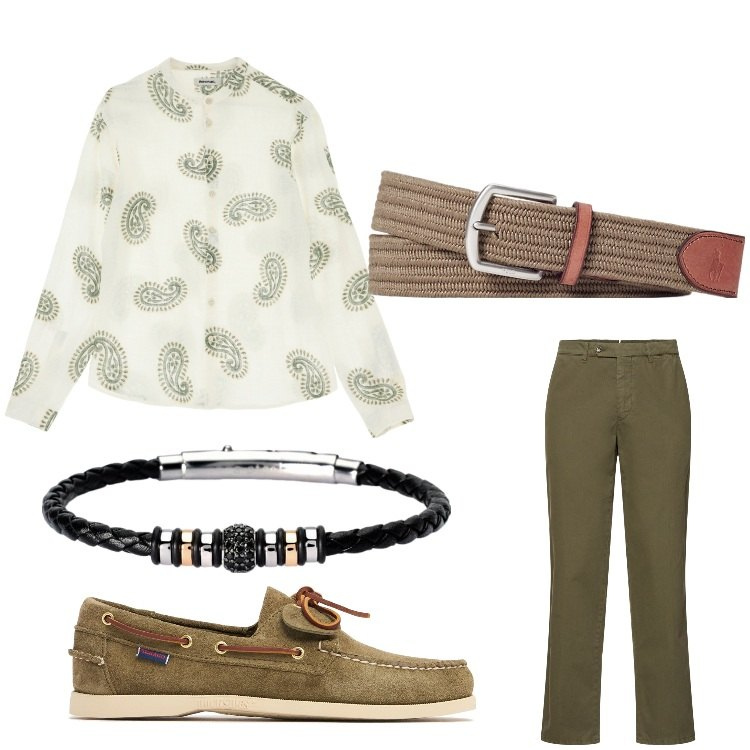 Outfit uomo - Un tocco di verde salvia. Stile Business/Elegante per Serata speciale. Abbinamento con braccialetti, camicie, cinture, scarpe stringate, pantaloni.
