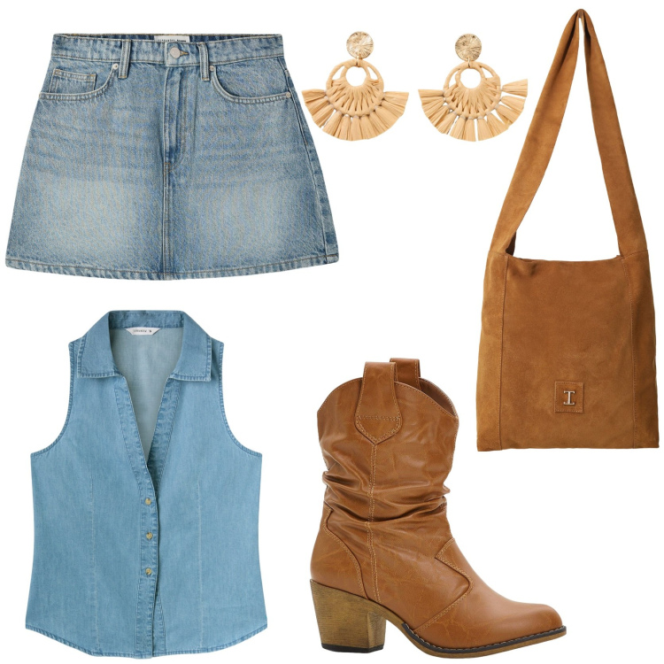 Outfit donna - Cow girl. Stile Etnico per Tutti i giorni. Abbinamento con stivaletti texani, orecchini, minigonne, camicie, borse a tracolla.