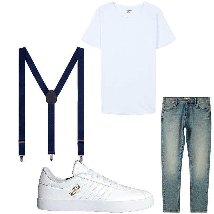 Outfit uomo - Sono trendy. Stile Trendy per Tutti i giorni. Abbinamento con jeans skinny, t-shirt, bretelle, sneakers.