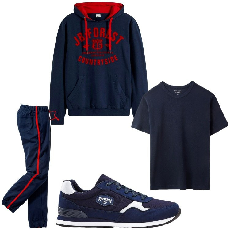 Outfit uomo - Gita in alta quota. Stile Casual per Sport. Abbinamento con pantaloni, felpe con cappuccio, sneakers, t-shirt.