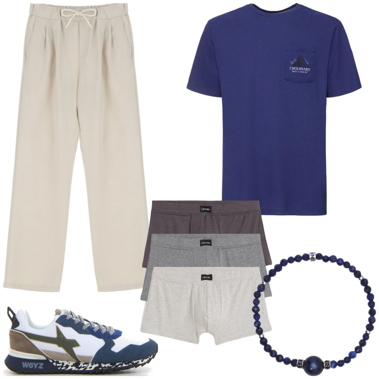 Outfit uomo - Pantaloni coulisse. Stile Casual per Serata speciale. Abbinamento con boxer, braccialetti, pantaloni, t-shirt, sneakers.
