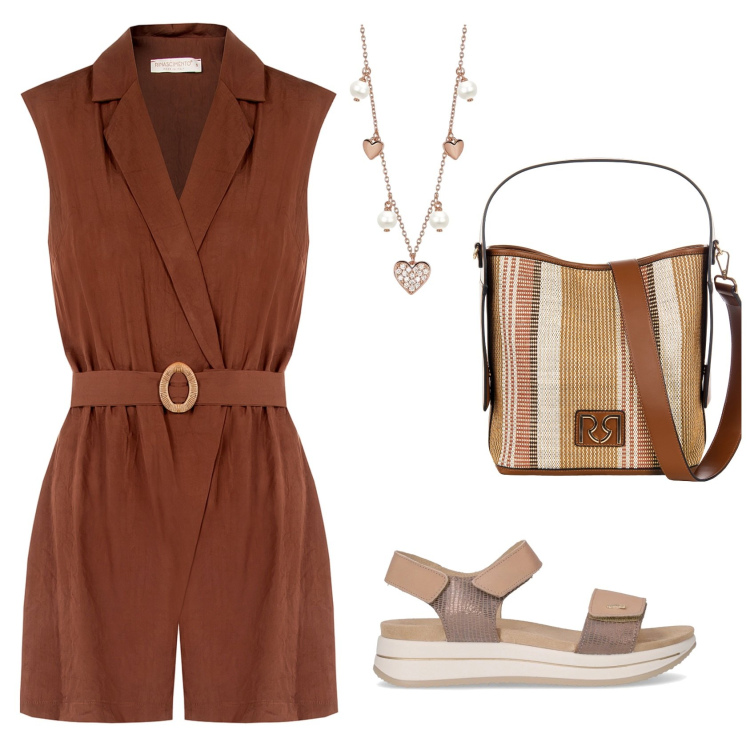 Outfit donna - Playsuit in città. Stile Basic per Tutti i giorni. Abbinamento con tuta corta, borse a secchiello, collane, sandali.