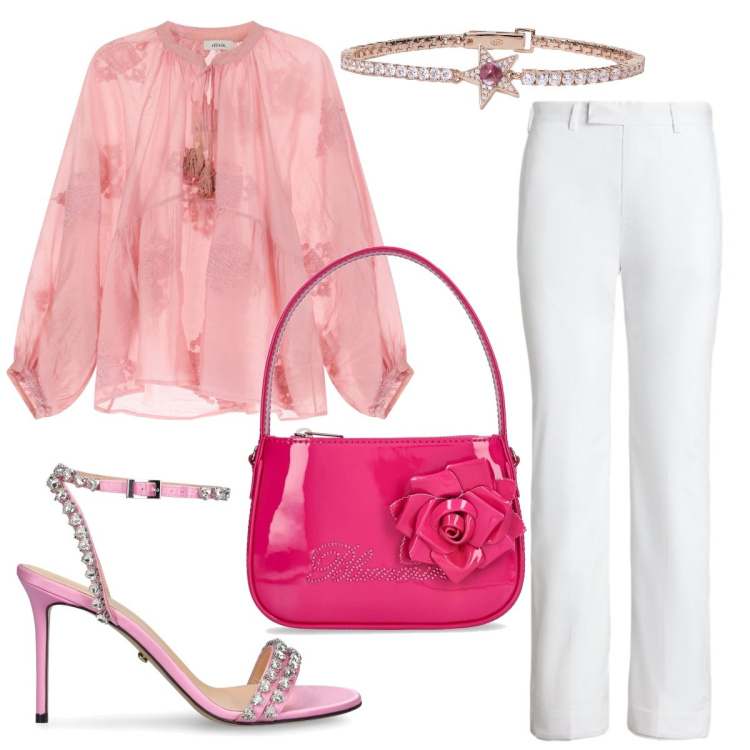 Outfit donna - La blusa vaporosa. Stile Glamour per Serata fuori. Abbinamento con braccialetti, camicie, pantaloni, borse a mano, sandali in pelle.