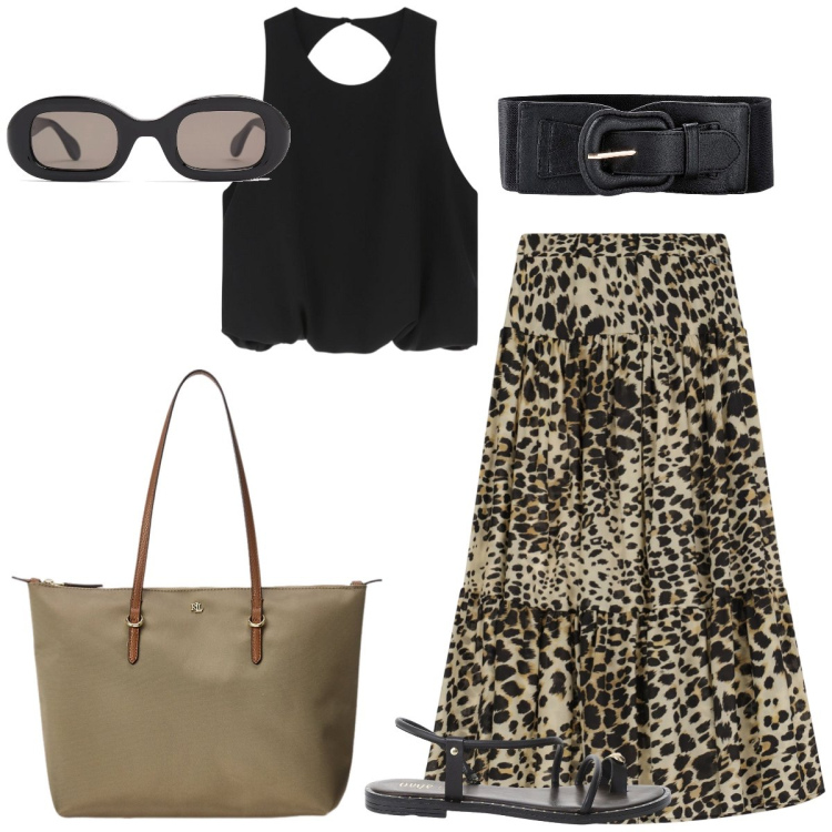 Outfit donna - Animalier. Stile Boho per Tutti i giorni. Abbinamento con cinture, top, gonne lunghe, sandali, borse tote, occhiali da sole.