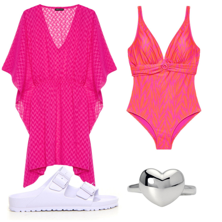 Outfit donna - Colori vivaci. Stile Basic per Mare. Abbinamento con anelli, bikini, caftani, ciabatte.