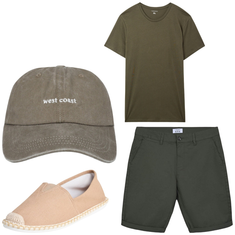 Outfit uomo - Bosco estate. Stile Casual per Tutti i giorni. Abbinamento con espadrillas, cappelli, t-shirt, bermuda.