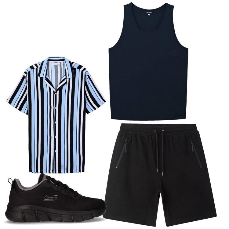 Outfit uomo - Il mio luglio. Stile Casual per Tutti i giorni. Abbinamento con bermuda, camicie a manica corta, canottiere, sneakers.