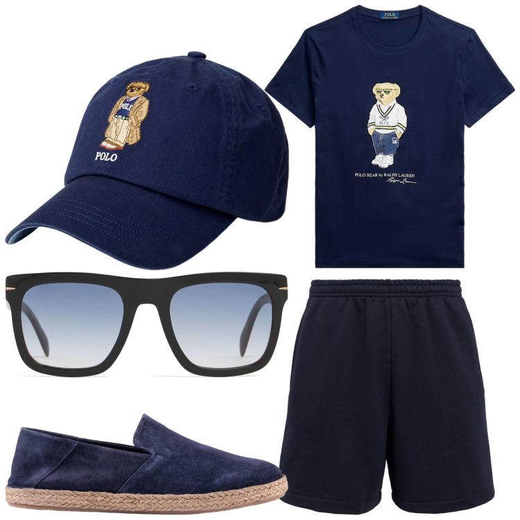 Outfit uomo - Spirito ragazzino. Stile Casual per Tutti i giorni. Abbinamento con cappelli, t-shirt, occhiali da sole, espadrillas, shorts.