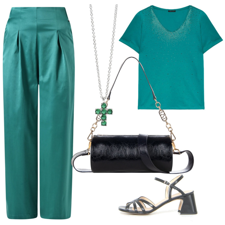 Outfit donna - Colori vivaci. Stile Chic per Serata fuori. Abbinamento con pantaloni, borse a mano, ciondoli, t-shirt, sandali col tacco.