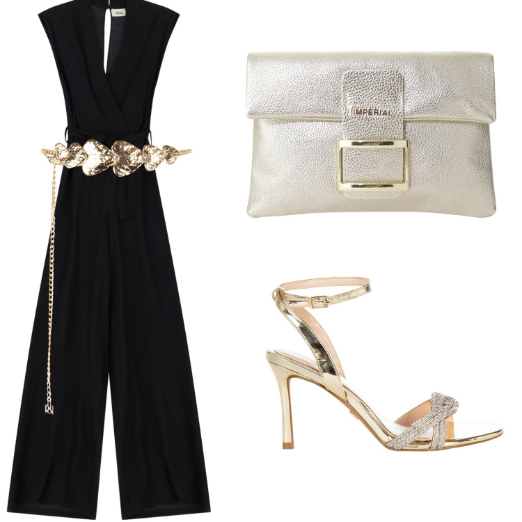 Outfit donna - Jumpsuit e ti risolvo la serata. Stile Chic per Serata fuori. Abbinamento con cinture, sandali col tacco, pochette, tute.