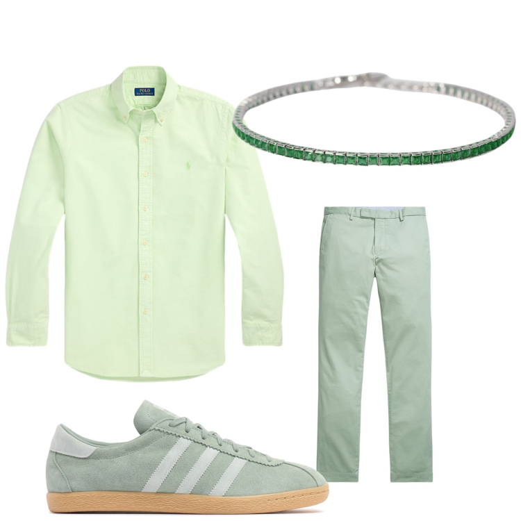 Outfit uomo - Verde chiaro. Stile Business/Elegante per Ufficio. Abbinamento con braccialetti, pantaloni chino, camicie, sneakers.