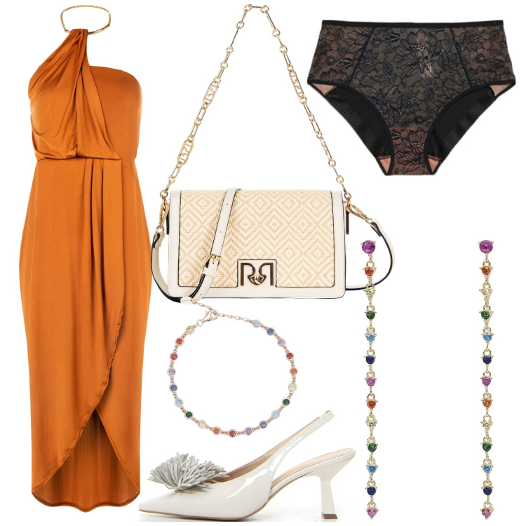 Outfit donna - Colori vivaci. Stile Chic per Serata fuori. Abbinamento con orecchini, braccialetti, borse a tracolla, vestiti, culotte, décolleté.