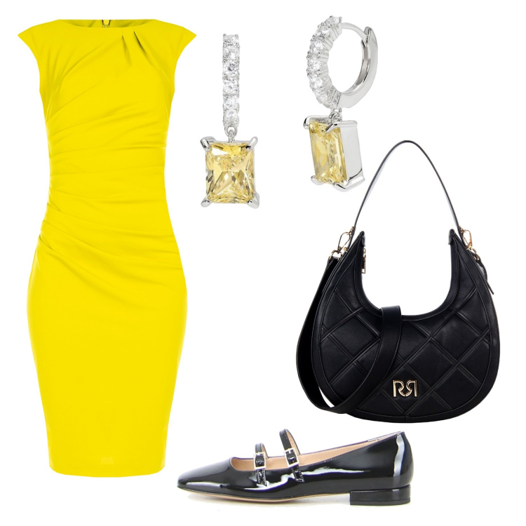 Outfit donna - Colori vivaci. Stile Bon Ton per Ufficio. Abbinamento con orecchini, vestiti a tubino, borse a tracolla, ballerine.