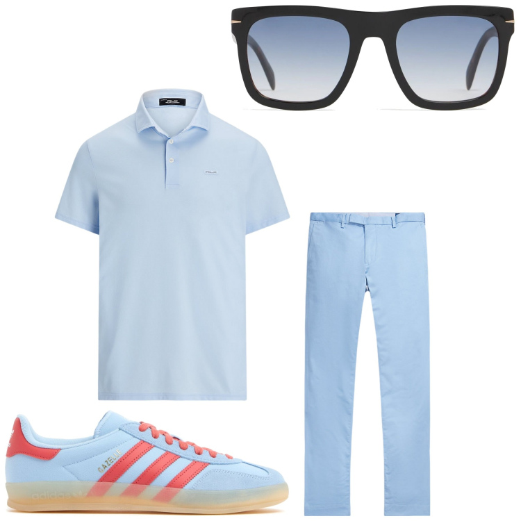 Outfit uomo - Azzurrami. Stile Business/Elegante per Ufficio. Abbinamento con pantaloni chino, polo, occhiali da sole, sneakers.