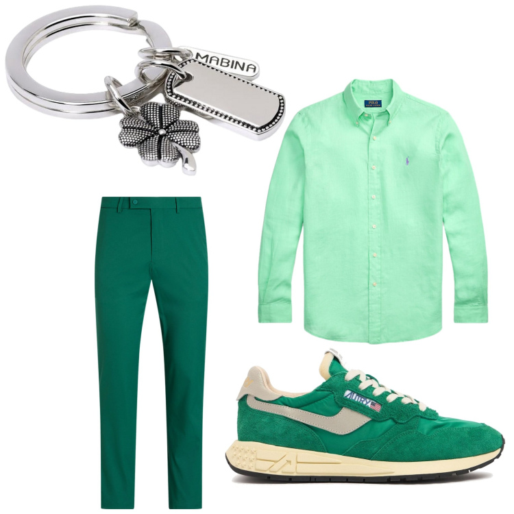 Outfit uomo - Verde portafortuna. Stile Business/Elegante per Ufficio. Abbinamento con portachiavi, camicie, pantaloni, sneakers.
