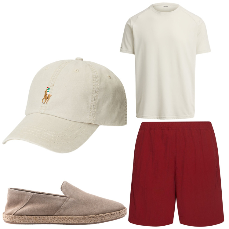 Outfit uomo - Vacanza mood. Stile Casual per Tutti i giorni. Abbinamento con cappelli, t-shirt, shorts, espadrillas.