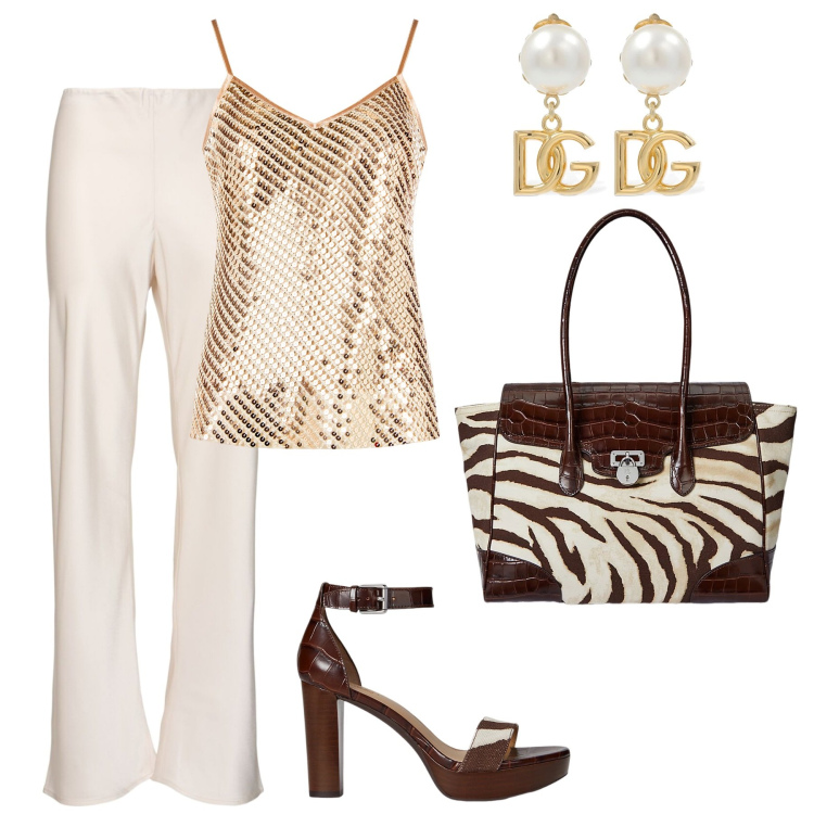 Outfit donna - A pranzo vista mare. Stile Casual chic per Tutti i giorni. Abbinamento con canottiere, sandali in pelle, borse a mano, orecchini, pantaloni.