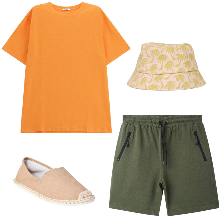 Outfit uomo - Un sabato allegro. Stile Casual per Tutti i giorni. Abbinamento con espadrillas, cappelli con visiera, bermuda, t-shirt.