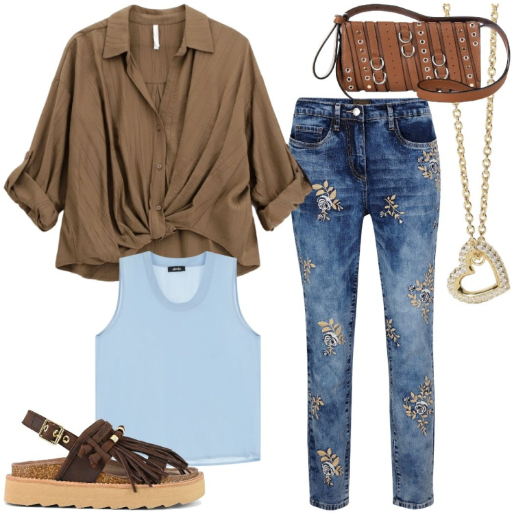 Outfit donna - Casual con stile. Stile Casual chic per Tutti i giorni. Abbinamento con jeans, collane, borse a spalla, camicie, top, sandali.
