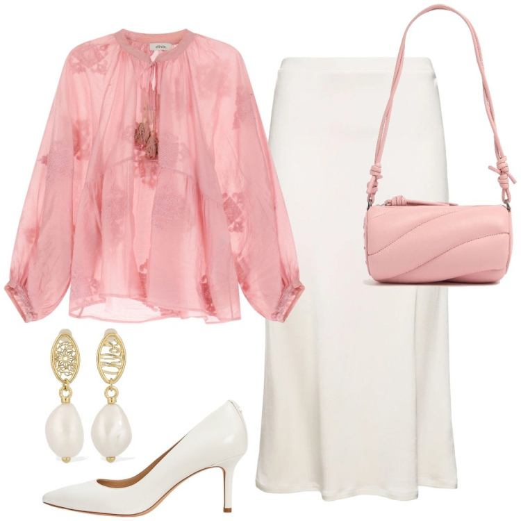 Outfit donna - Cerimonia in primavera. Stile Chic per Cerimonia. Abbinamento con camicie, décolleté, orecchini, gonne longuette, borse a spalla.