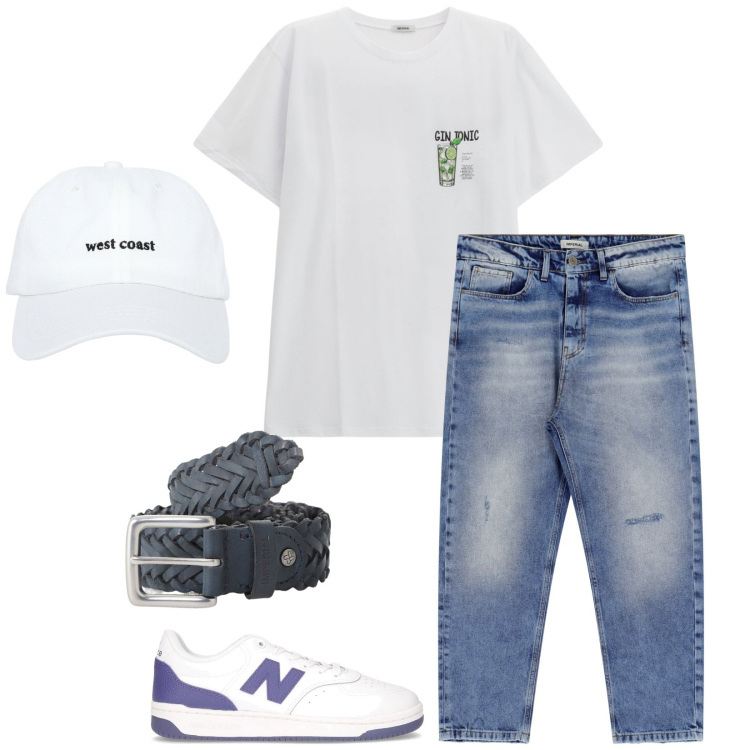 Outfit uomo - Semplice, carino. Stile Casual per Tutti i giorni. Abbinamento con cappelli, cinture, jeans, t-shirt, sneakers.