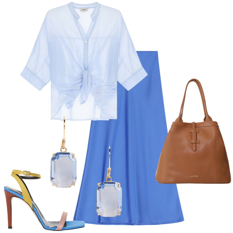Outfit donna - Il sandalo colorato. Stile Glamour per Ufficio. Abbinamento con gonne lunghe, borse tote, orecchini, sandali col tacco, camicie.